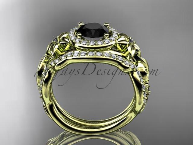 14kt yellow gold diamond unique engagement set, wedding set with a Black Diamond center stone ADLR300 - AnjaysDesigns