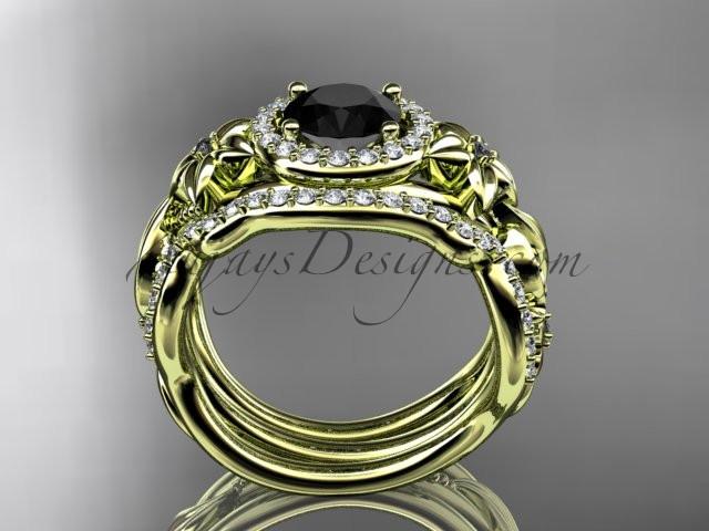 14kt yellow gold diamond unique engagement set, wedding set with a Black Diamond center stone ADLR300 - AnjaysDesigns