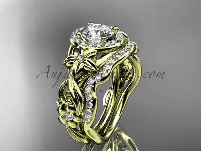 14kt yellow gold diamond unique engagement set, wedding set with a "Forever One" Moissanite center stone ADLR300 - AnjaysDesigns
