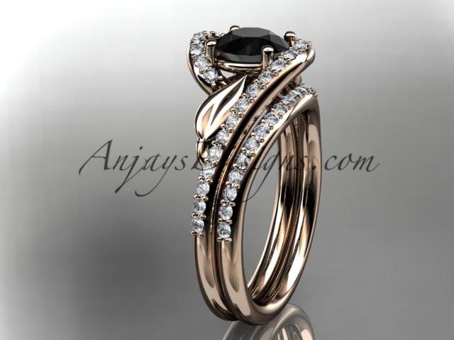 14k rose gold diamond leaf and vine wedding ring, engagement set with a Black Diamond center stone ADLR317S - AnjaysDesigns, Black Diamond Engagement Sets - Jewelry, Anjays Designs - AnjaysDesigns, AnjaysDesigns - AnjaysDesigns.co, 