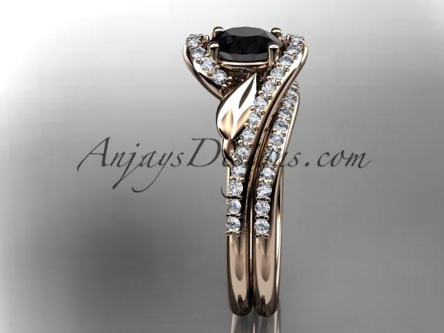 14k rose gold diamond leaf and vine wedding ring, engagement set with a Black Diamond center stone ADLR317S - AnjaysDesigns, Black Diamond Engagement Sets - Jewelry, Anjays Designs - AnjaysDesigns, AnjaysDesigns - AnjaysDesigns.co, 