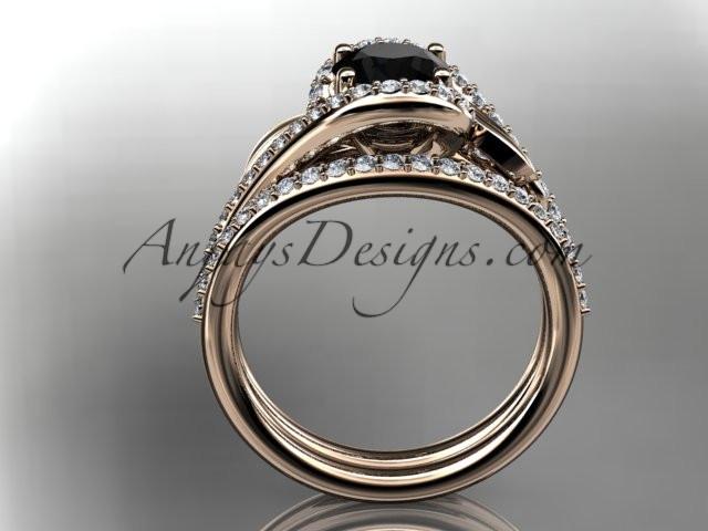 14k rose gold diamond leaf and vine wedding ring, engagement set with a Black Diamond center stone ADLR317S - AnjaysDesigns, Black Diamond Engagement Sets - Jewelry, Anjays Designs - AnjaysDesigns, AnjaysDesigns - AnjaysDesigns.co, 