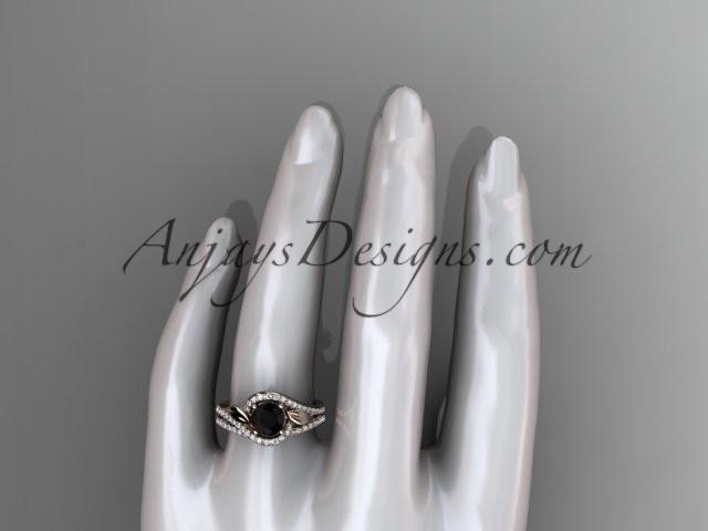 14k rose gold diamond leaf and vine wedding ring, engagement set with a Black Diamond center stone ADLR317S - AnjaysDesigns, Black Diamond Engagement Sets - Jewelry, Anjays Designs - AnjaysDesigns, AnjaysDesigns - AnjaysDesigns.co, 