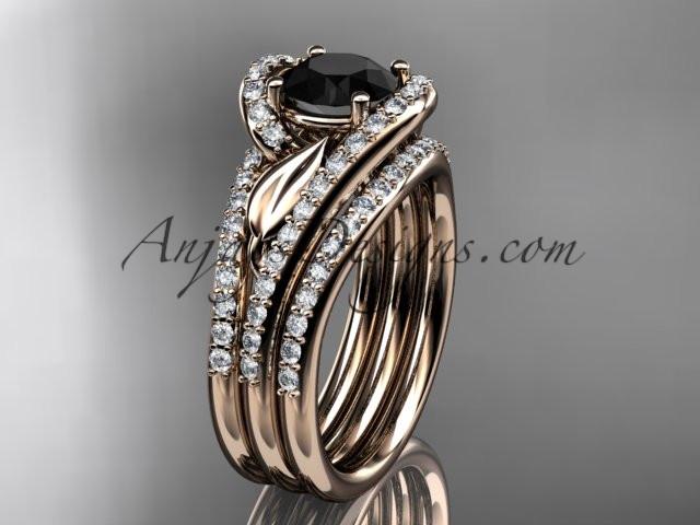 14k rose gold diamond leaf wedding ring with a Black Diamond Moissanite center stone and double matching band ADLR317S - AnjaysDesigns