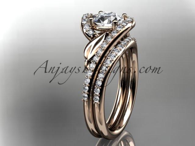 14k rose gold diamond leaf and vine wedding ring, engagement set with a "Forever One" Moissanite center stone ADLR317S - AnjaysDesigns, Moissanite Engagement Sets - Jewelry, Anjays Designs - AnjaysDesigns, AnjaysDesigns - AnjaysDesigns.co, 