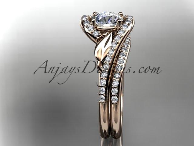 14k rose gold diamond leaf and vine wedding ring, engagement set with a "Forever One" Moissanite center stone ADLR317S - AnjaysDesigns, Moissanite Engagement Sets - Jewelry, Anjays Designs - AnjaysDesigns, AnjaysDesigns - AnjaysDesigns.co, 