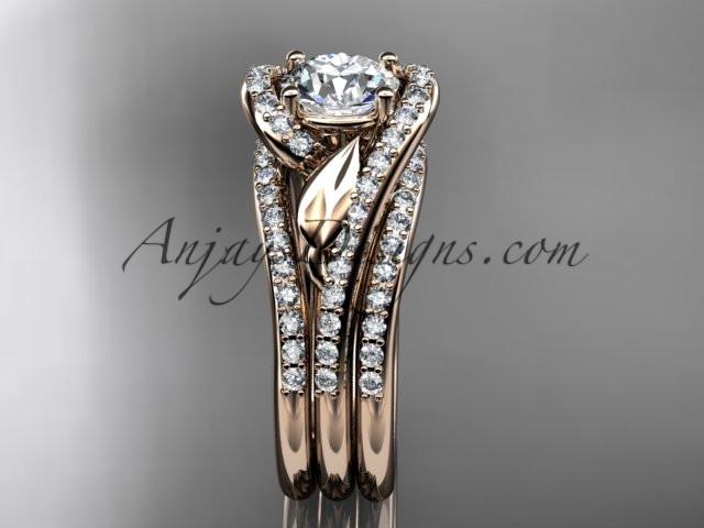 14k rose gold diamond leaf wedding ring with a "Forever One" Moissanite center stone and double matching band ADLR317S - AnjaysDesigns