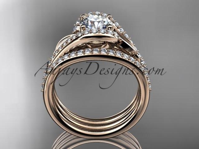 14k rose gold diamond leaf wedding ring with a "Forever One" Moissanite center stone and double matching band ADLR317S - AnjaysDesigns