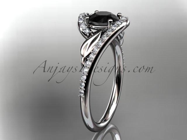 14k white gold diamond leaf and vine wedding ring, engagement ring with a Black Diamond center stone ADLR317 - AnjaysDesigns