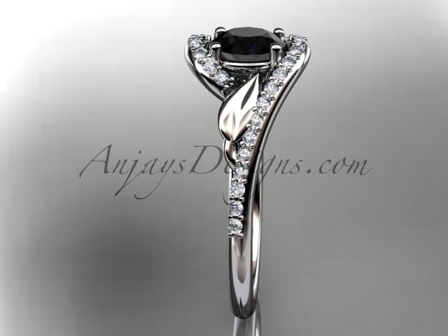 Platinum diamond leaf and vine wedding ring, engagement ring with a Black Diamond center stone ADLR317 - AnjaysDesigns