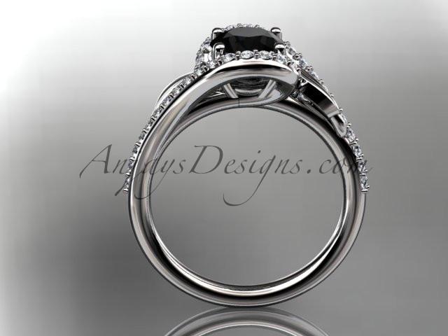 Platinum diamond leaf and vine wedding ring, engagement ring with a Black Diamond center stone ADLR317 - AnjaysDesigns
