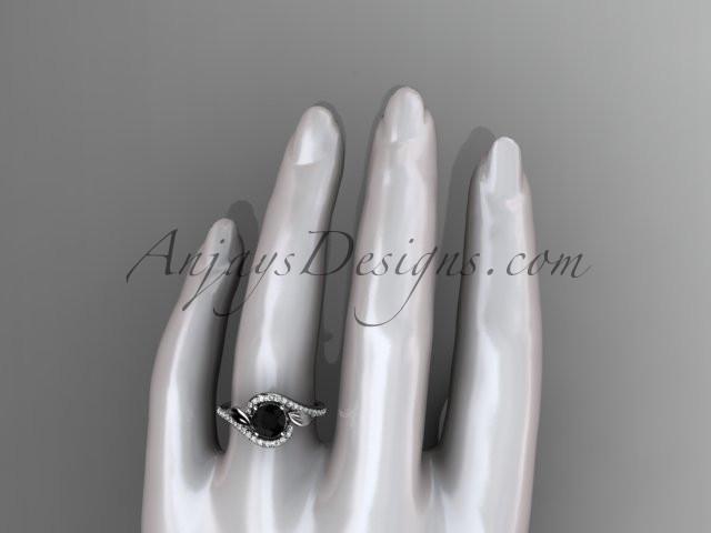Platinum diamond leaf and vine wedding ring, engagement ring with a Black Diamond center stone ADLR317 - AnjaysDesigns