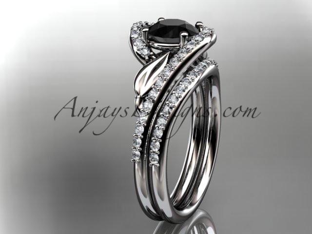 14k white gold diamond leaf and vine wedding ring, engagement set with a Black Diamond center stone ADLR317S - AnjaysDesigns