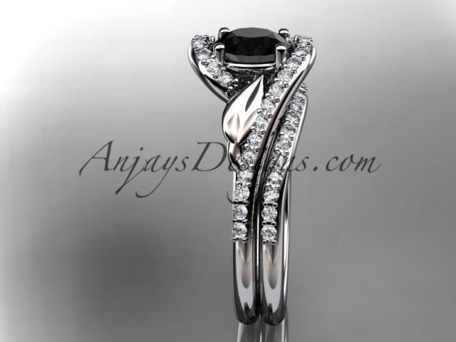 platinum diamond leaf and vine wedding ring, engagement set with a Black Diamond center stone ADLR317S - AnjaysDesigns