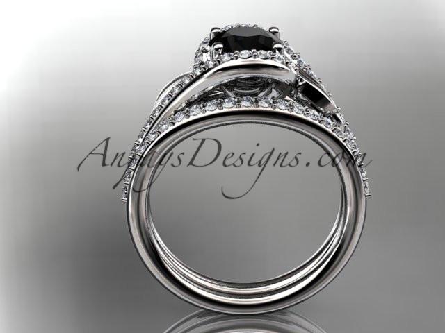 platinum diamond leaf and vine wedding ring, engagement set with a Black Diamond center stone ADLR317S - AnjaysDesigns