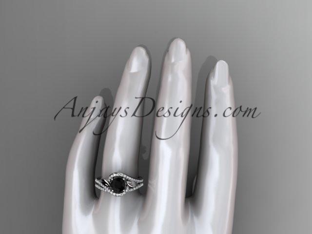 14k white gold diamond leaf and vine wedding ring, engagement set with a Black Diamond center stone ADLR317S - AnjaysDesigns