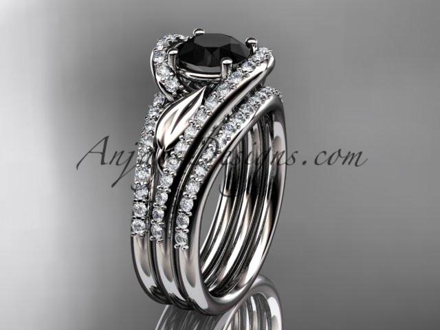 14k white gold diamond leaf wedding ring with a Black Diamond center stone and double matching band ADLR317S - AnjaysDesigns