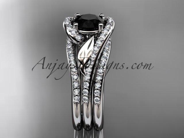 platinum diamond leaf wedding ring with a Black Diamond center stone and double matching band ADLR317S - AnjaysDesigns