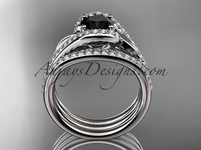 platinum diamond leaf wedding ring with a Black Diamond center stone and double matching band ADLR317S - AnjaysDesigns