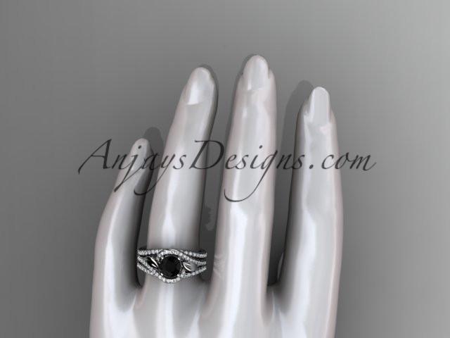 platinum diamond leaf wedding ring with a Black Diamond center stone and double matching band ADLR317S - AnjaysDesigns