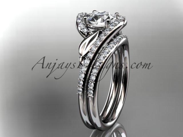 platinum diamond leaf and vine wedding ring, engagement set with a "Forever One" Moissanite center stone ADLR317S - AnjaysDesigns
