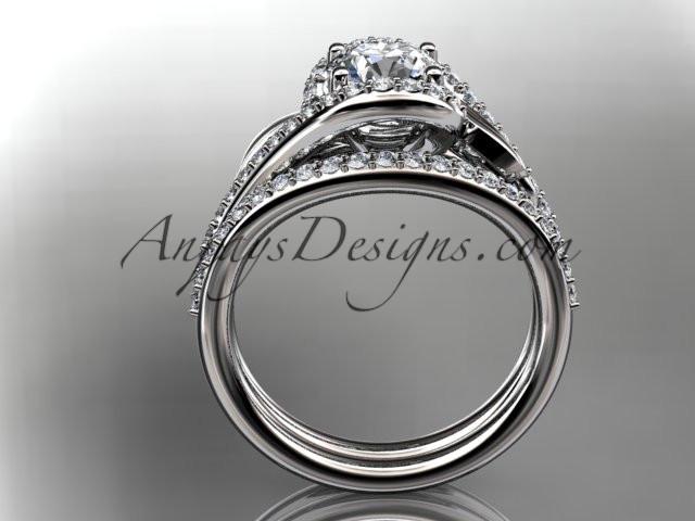 platinum diamond leaf and vine wedding ring, engagement set with a "Forever One" Moissanite center stone ADLR317S - AnjaysDesigns