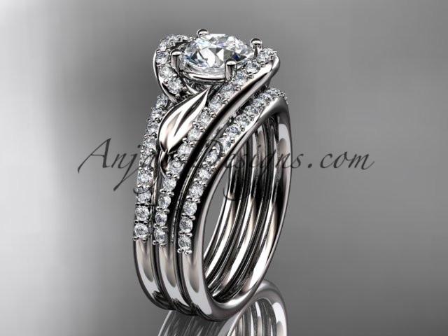 14k white gold diamond leaf wedding ring with a "Forever One" Moissanite center stone and double matching band ADLR317S - AnjaysDesigns