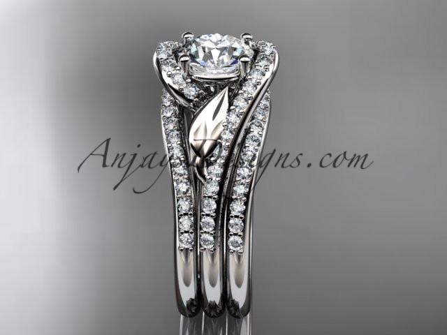 14k white gold diamond leaf wedding ring with a "Forever One" Moissanite center stone and double matching band ADLR317S - AnjaysDesigns