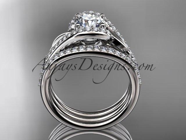 platinum diamond leaf wedding ring with a "Forever One" Moissanite center stone and double matching band ADLR317S - AnjaysDesigns