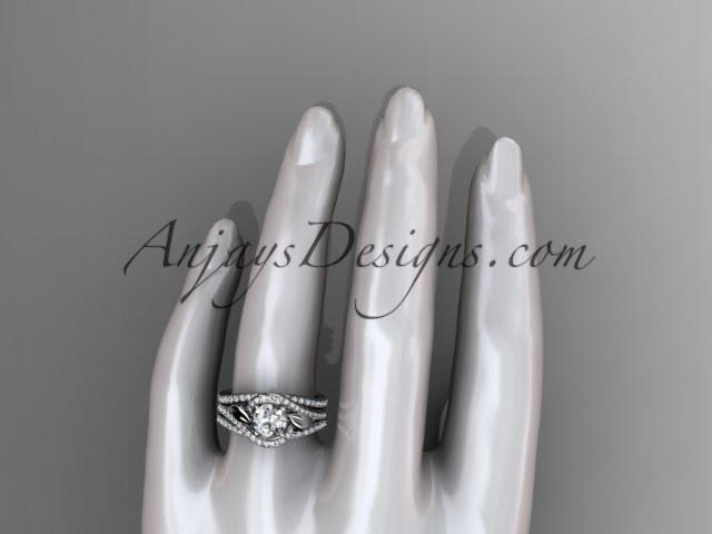 14k white gold diamond leaf wedding ring with a "Forever One" Moissanite center stone and double matching band ADLR317S - AnjaysDesigns