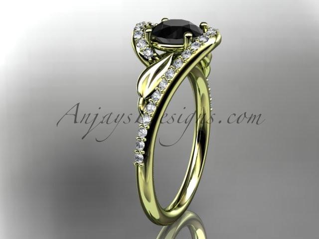 14k yellow gold diamond leaf and vine wedding ring, engagement ring with a Black Diamond center stone ADLR317 - AnjaysDesigns