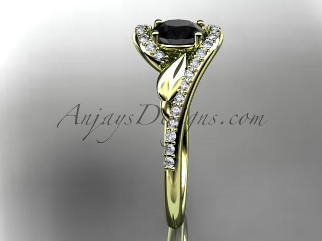 14k yellow gold diamond leaf and vine wedding ring, engagement ring with a Black Diamond center stone ADLR317 - AnjaysDesigns