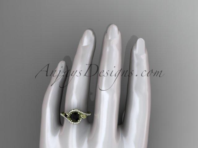 14k yellow gold diamond leaf and vine wedding ring, engagement ring with a Black Diamond center stone ADLR317 - AnjaysDesigns