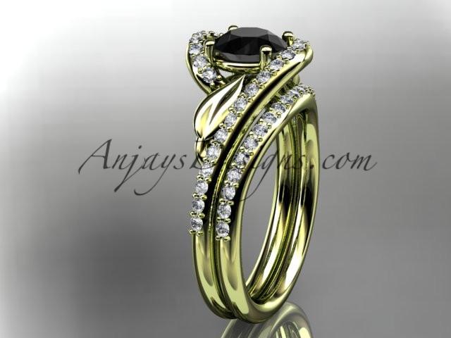 14k yellow gold diamond leaf and vine wedding ring, engagement set with a Black Diamond center stone ADLR317S - AnjaysDesigns