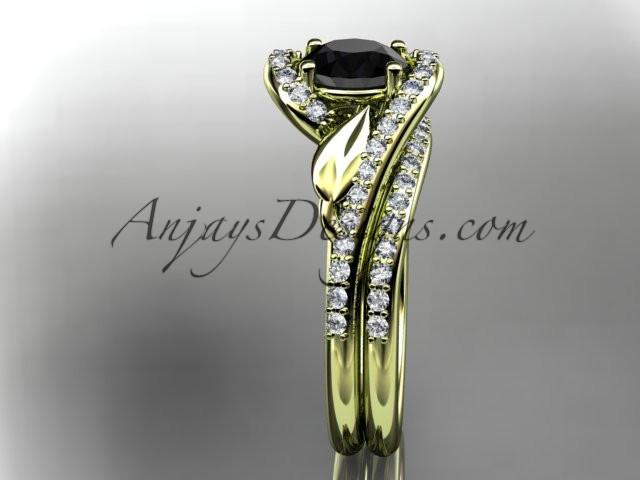 14k yellow gold diamond leaf and vine wedding ring, engagement set with a Black Diamond center stone ADLR317S - AnjaysDesigns