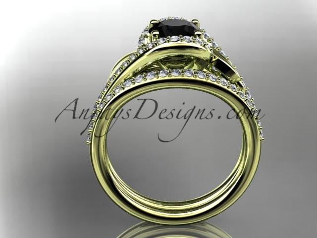 14k yellow gold diamond leaf and vine wedding ring, engagement set with a Black Diamond center stone ADLR317S - AnjaysDesigns