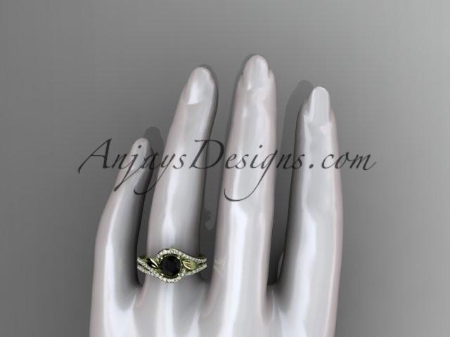 14k yellow gold diamond leaf and vine wedding ring, engagement set with a Black Diamond center stone ADLR317S - AnjaysDesigns