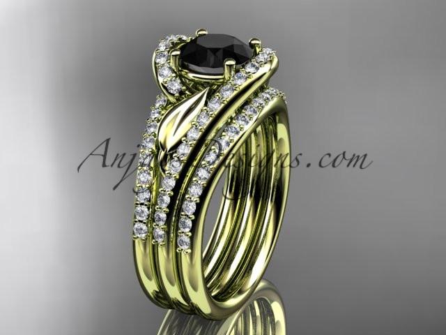 14k yellow gold diamond leaf wedding ring with a Black Diamond Moissanite center stone and double matching band ADLR317S - AnjaysDesigns