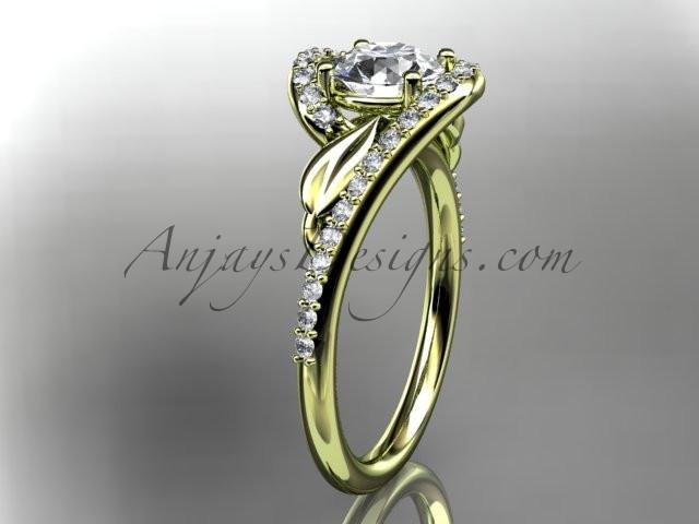 14k yellow gold diamond leaf and vine wedding ring, engagement ring with a "Forever One" Moissanite center stone ADLR317 - AnjaysDesigns