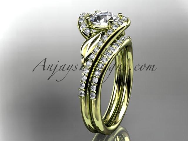 14k yellow gold diamond leaf and vine wedding ring, engagement set with a "Forever One" Moissanite center stone ADLR317S - AnjaysDesigns