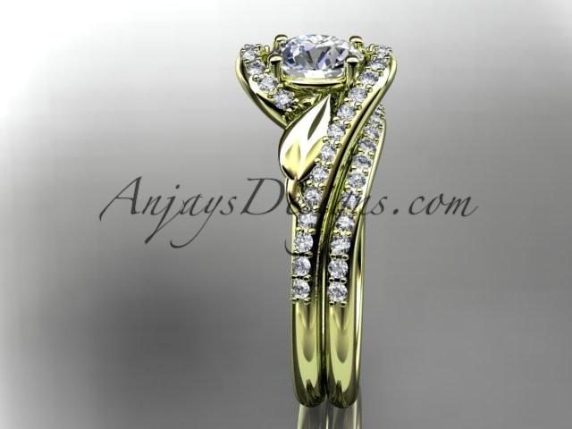 14k yellow gold diamond leaf and vine wedding ring, engagement set ADLR317S - AnjaysDesigns