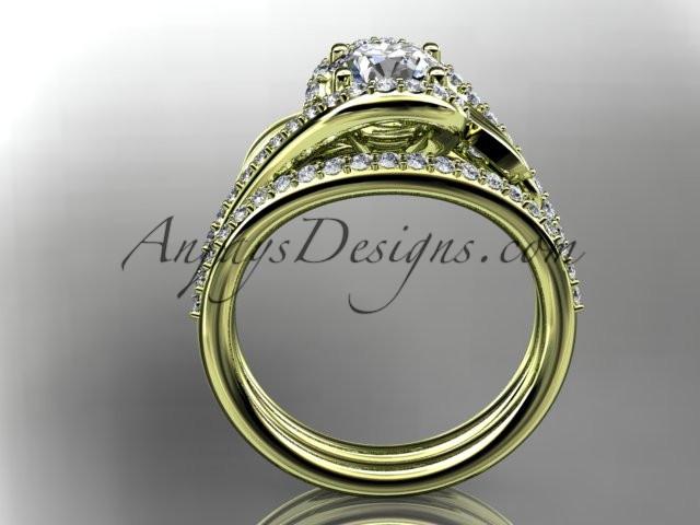 14k yellow gold diamond leaf and vine wedding ring, engagement set with a "Forever One" Moissanite center stone ADLR317S - AnjaysDesigns