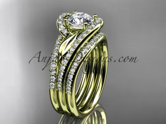 14k yellow gold diamond leaf wedding ring with a "Forever One" Moissanite center stone and double matching band ADLR317S - AnjaysDesigns