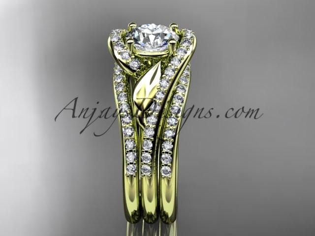 14k yellow gold diamond leaf wedding ring with a "Forever One" Moissanite center stone and double matching band ADLR317S - AnjaysDesigns