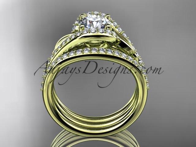 14k yellow gold diamond leaf wedding ring with a "Forever One" Moissanite center stone and double matching band ADLR317S - AnjaysDesigns