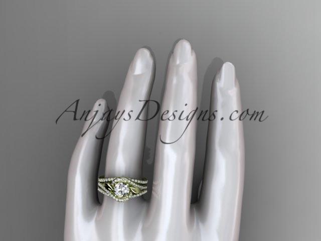 14k yellow gold diamond leaf and vine wedding ring, engagement ring with a double matching band ADLR317S - AnjaysDesigns