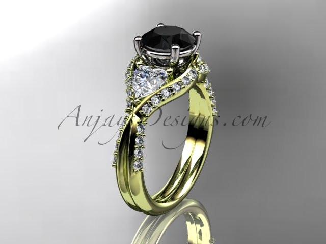 Unique 14kt yellow gold diamond wedding ring, engagement ring with a Black Diamond center stone ADLR319 - AnjaysDesigns