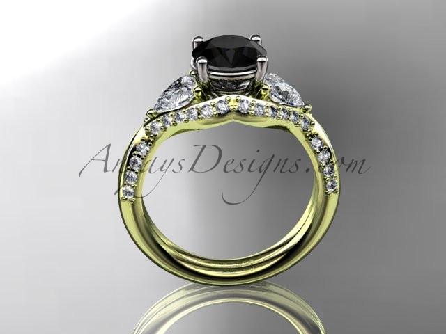 Unique 14kt yellow gold diamond wedding ring, engagement ring with a Black Diamond center stone ADLR319 - AnjaysDesigns