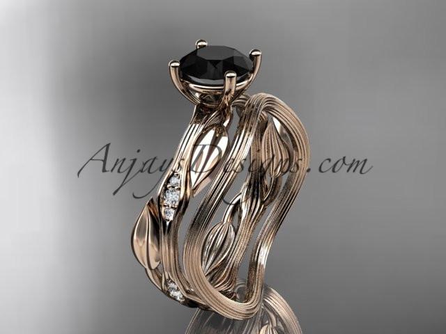 14k rose gold diamond leaf and vine wedding ring set, engagement ring set with Black Diamond center stone ADLR31S - AnjaysDesigns, Black Diamond Engagement Sets - Jewelry, Anjays Designs - AnjaysDesigns, AnjaysDesigns - AnjaysDesigns.co, 