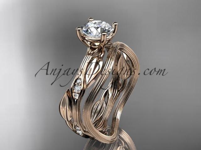 14k rose gold diamond leaf and vine wedding ring set, engagement ring set with "Forever One" Moissanite center stone ADLR31S - AnjaysDesigns, Moissanite Engagement Sets - Jewelry, Anjays Designs - AnjaysDesigns, AnjaysDesigns - AnjaysDesigns.co, 